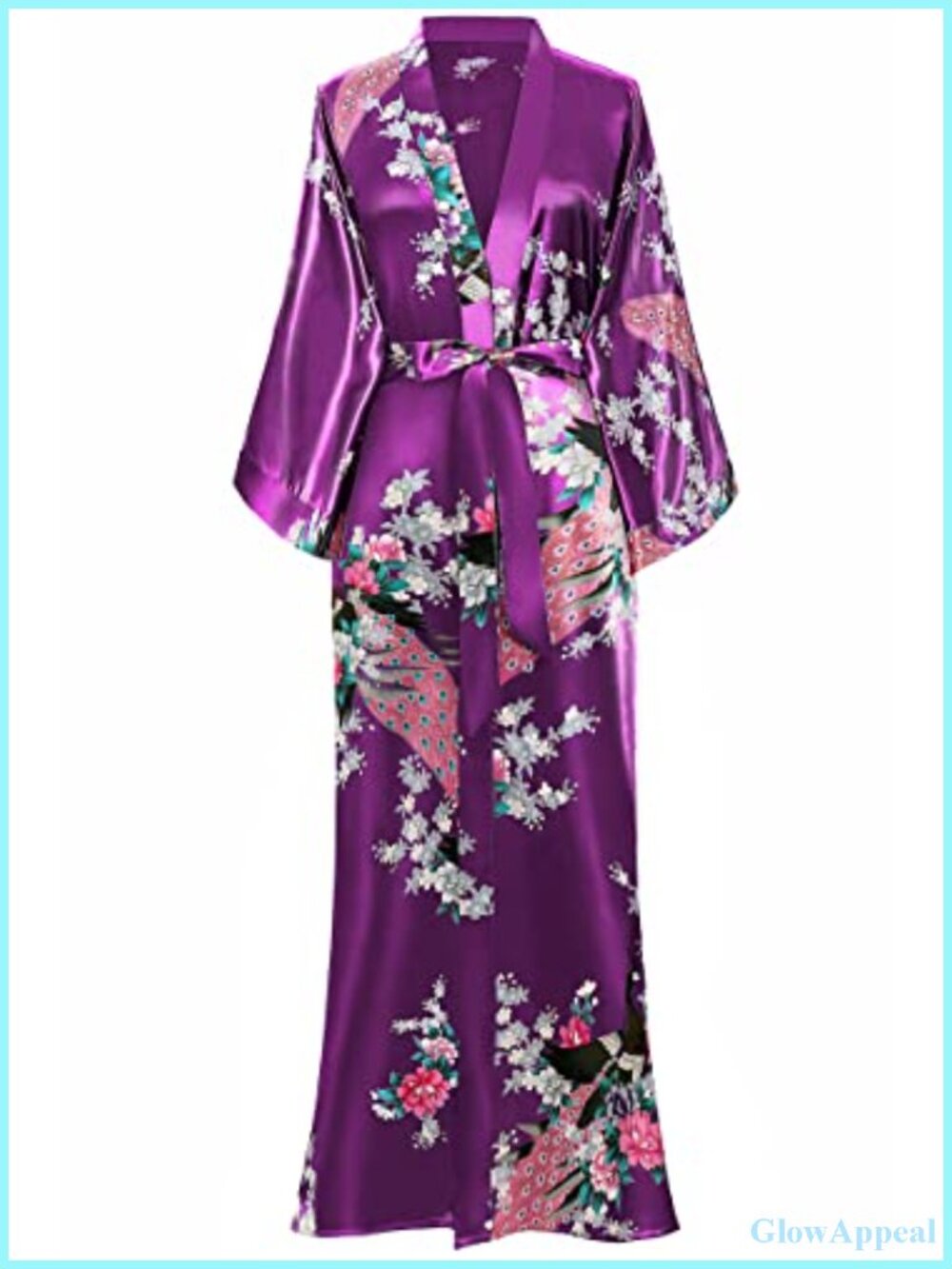 Women's Kimono Robe Peacock Print Satin Look Bathrobe Long with Pockets